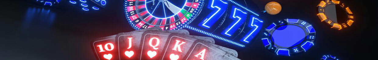 neon cards and poker chips and casino slots on dark background