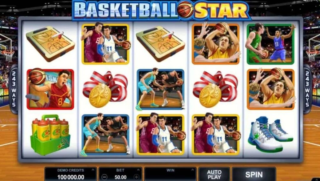 A screenshot of the slot reels in Basketball Star. The background is a basketball court. The game’s reels feature a variety of basketball-themed symbols, including a miniature basketball court, an attacker with the ball driving past a defender, a player taking a shot, a player being marked, as well as water bottles and medals.