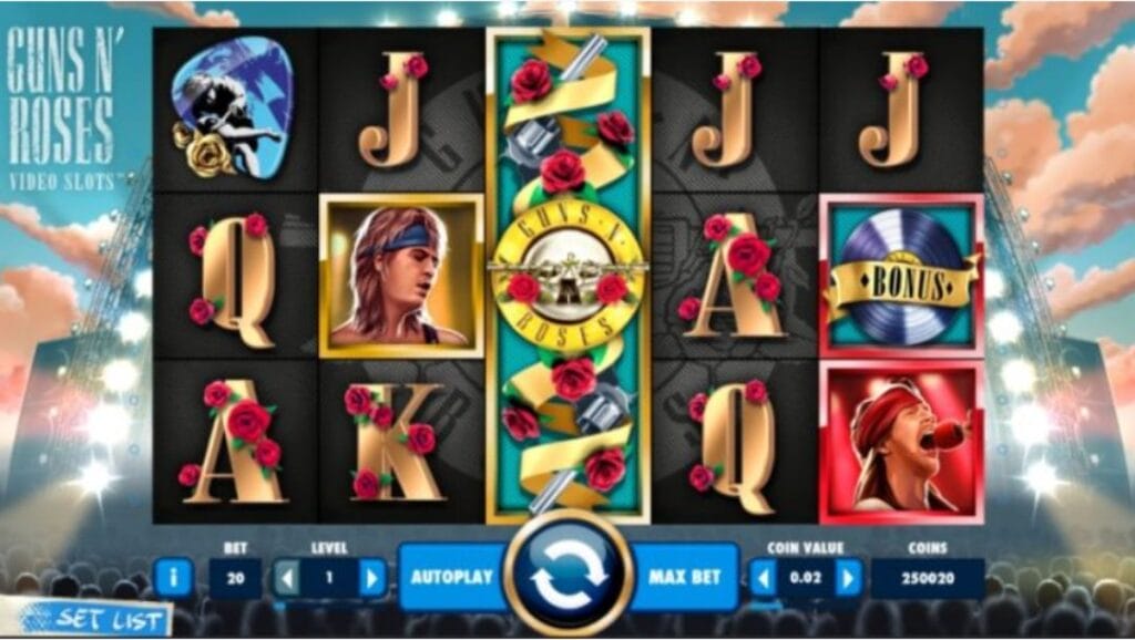 Guns N’ Roses slot game with a big stage and crowd as the background and Guns N’ Roses band members on the reels.