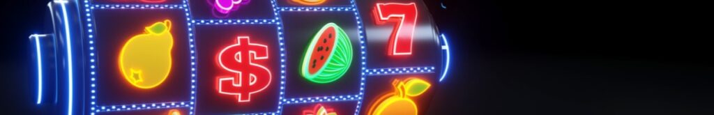 3D illustration of slot machine with fruit icons and neon lights