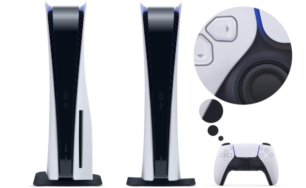 Two nextgen consoles with gamepad controller isolated on white background