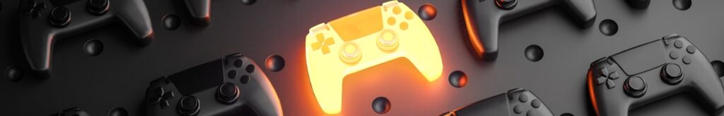 3D rendering of glowing gamepad between multiple black joysticks