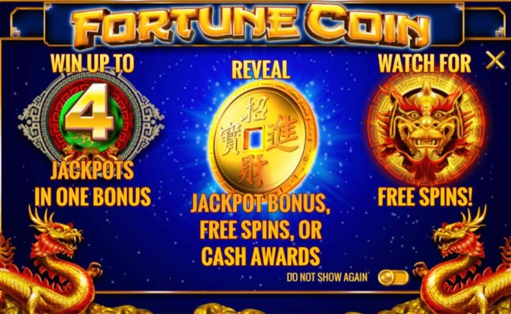 A banner image displaying the bonus features of the Fortune Coin slot, including the free spins symbol, the different jackpots, and the gold coin symbol that triggers the free spins round, jackpot bonus, or cash awards.