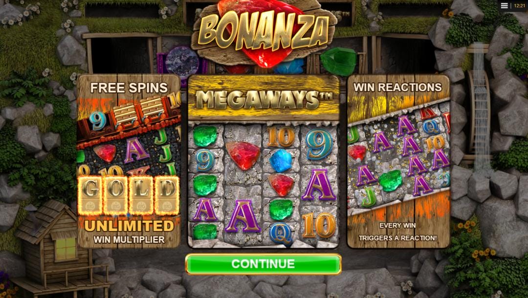 The Bonanza Megaways slot loading screen. The game, which is set in a mining quarry with mining carts and a spinning water wheel, is the backdrop. In the foreground is a description of three game features with visuals. These features are free spins, Megaways, and cascading win reactions. Above these descriptions is the game logo, and below them is the “Continue” button.