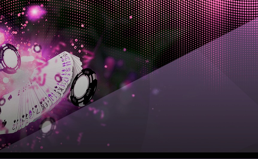 A deck of cards and gambling chips on a black and purple background with neon effects