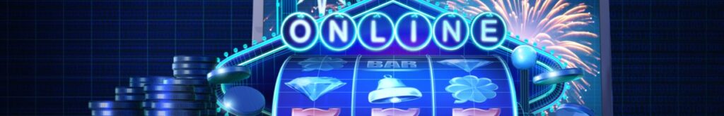 A rendering of an online slot, sitting next to a pile of casino chips in front of a laptop.