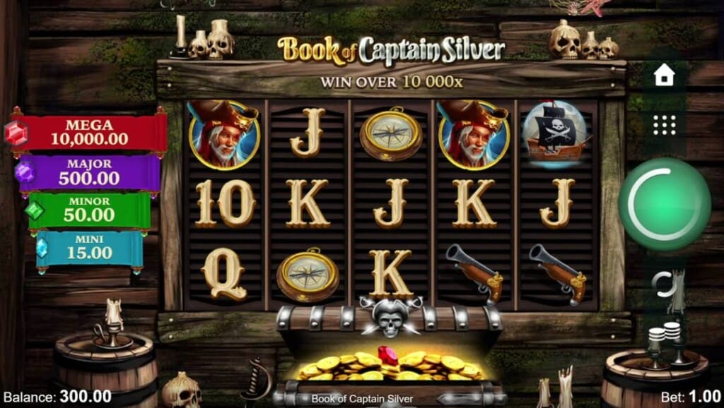 A screenshot of the slot reels in the Book of Captain Silver slot. The reels display Captain Silver, cannons, and compass symbols, with jackpot values located on the left side. This is set against the wooden wall of a ship.