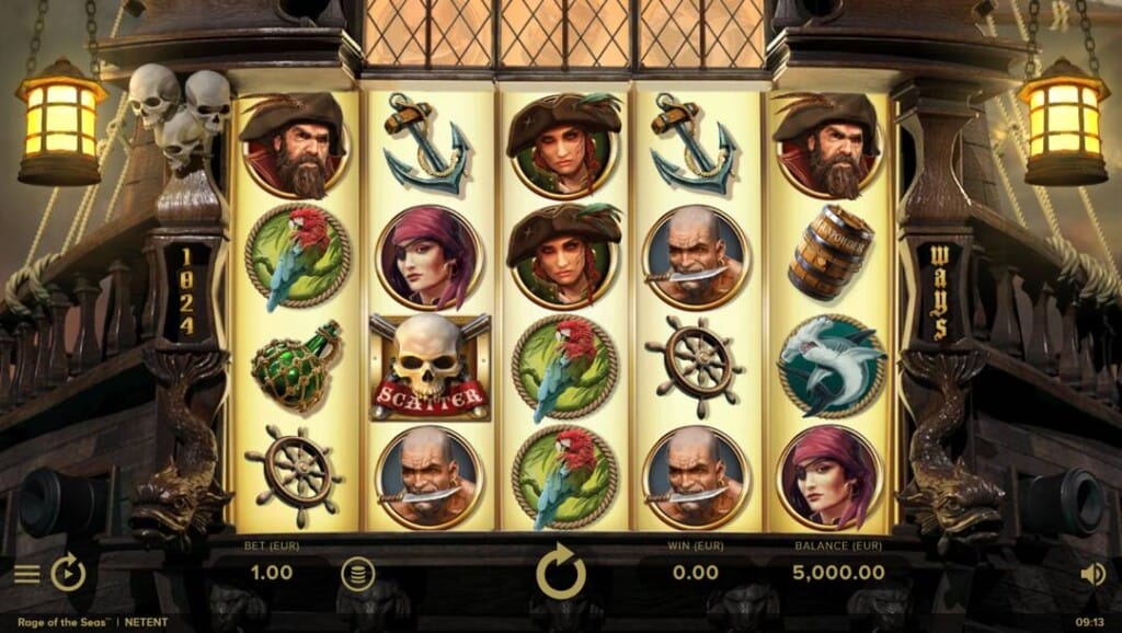 A screenshot of the slot reels in Rage of the Seas. This pirate-themed slot is set on a ship, with reels showing pirates, parrots, anchors, skull scatter symbols, and nautical items.