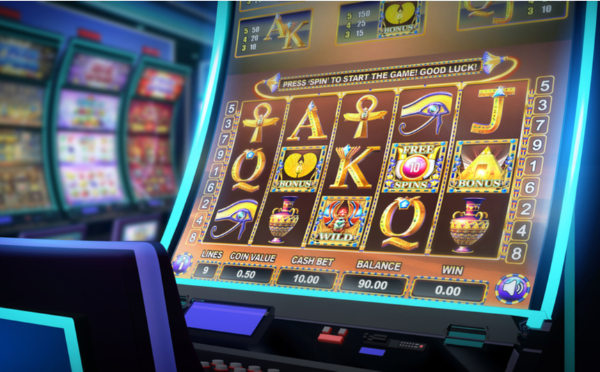 An Egyptian-themed slot machine in the foreground, with different slot machines in the background.