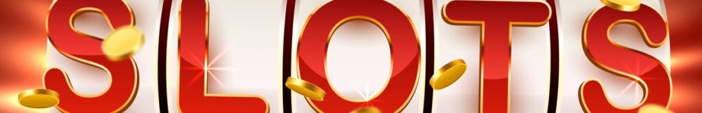 Header image of an online slots concept with red letters spelling out the word slots surrounded by gold coins