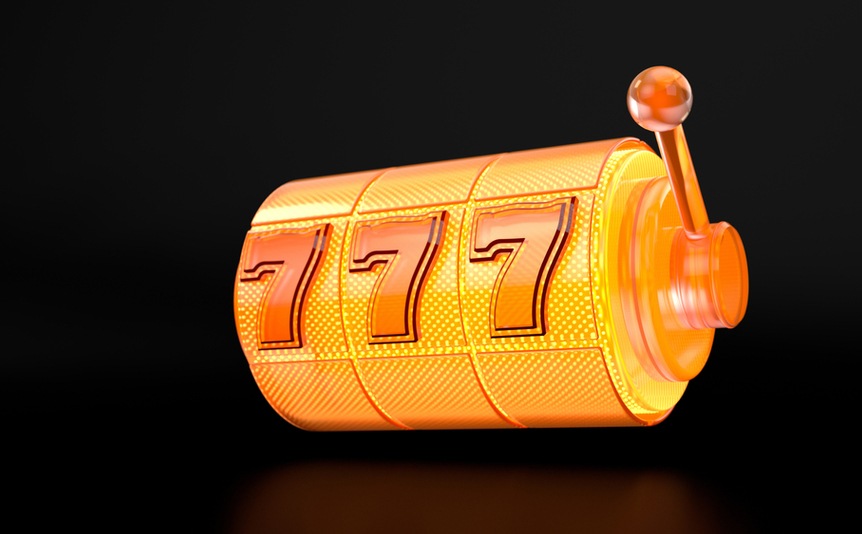 3D online slots concept with orange and yellow reels against a black background.