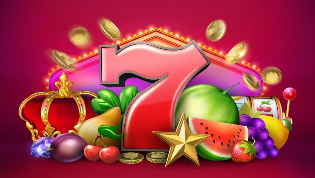 A vector image showing a variety of icons in online slots against a pink-purple background. These icons include fruit, jewels, gold coins, slot reels, a crown, and golden star.