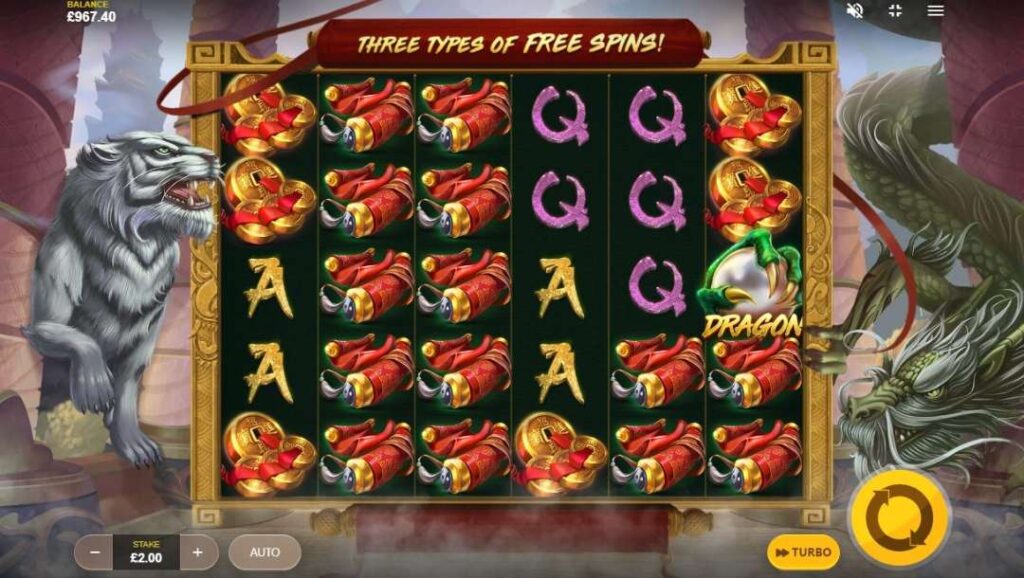 Screenshot of the reels in Clash of the Beast showing the Dragon symbol.
