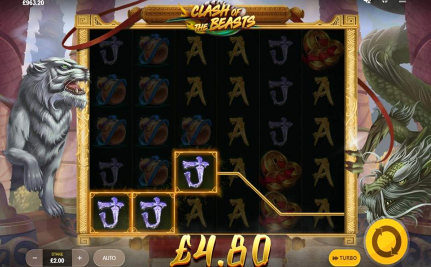 Screenshot of the reels in Clash of the Beasts online slot by Red Tiger.