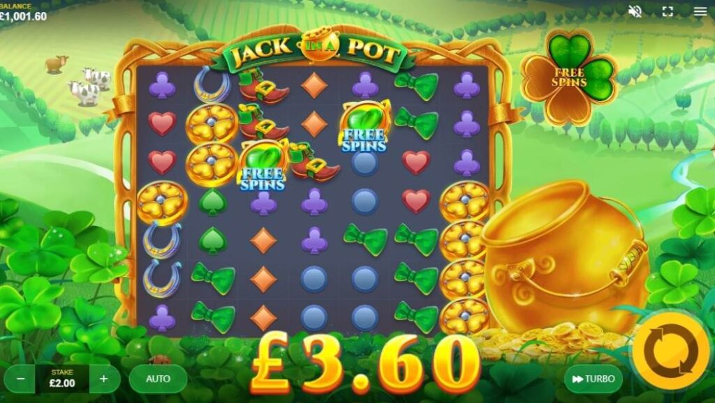Screenshot of the reels showing Free Spins four-leaf clover symbols.