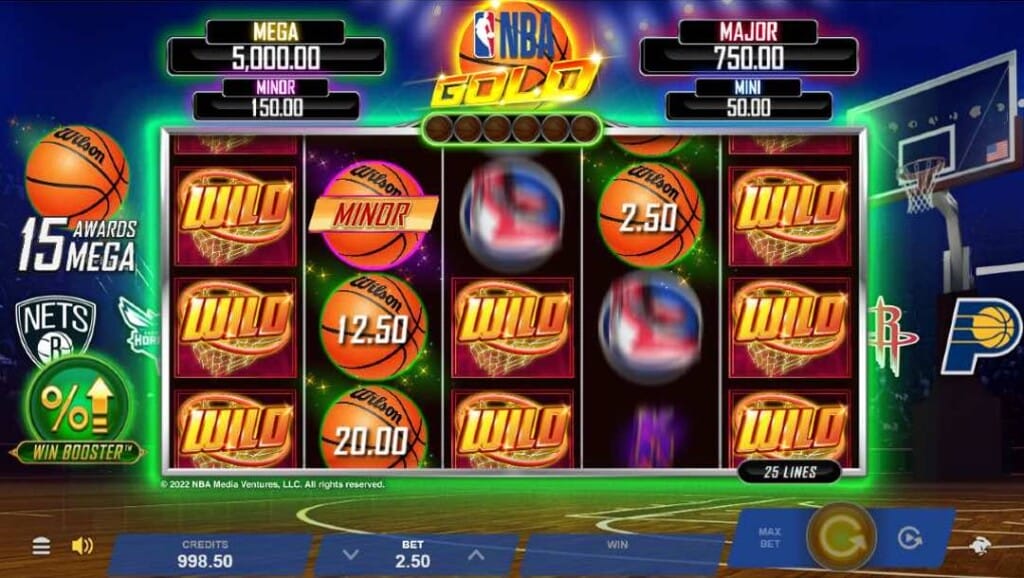 A screenshot of the NBA Gold slot reels. The setting is a basketball court in a stadium. The game’s reels feature a variety of basketball-themed symbols, including basketballs with cash payouts and basketball net wild symbols. 