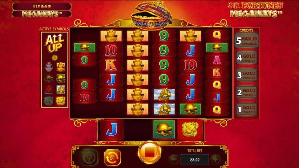 A screenshot of 88 Fortunes Megaways. The game is set against a rich red fabric background. The slot reels contain a variety of Asian-themed symbols, including golden ships and golden tortoises, as well as playing card symbols. 