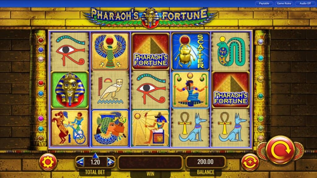 A screenshot of the slot reels in Pharaoh’s Fortune. The game is set against a temple wall. The reels contain hieroglyphic-style slot symbols.