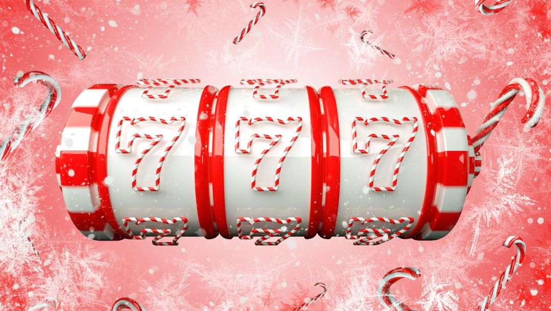 Christmas-themed slot reel with candy cane number sevens and candy canes scattered on a red snowy background.
