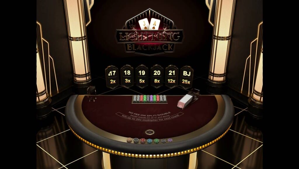 A screenshot of the gameplay in First Person Lightning Blackjack.
