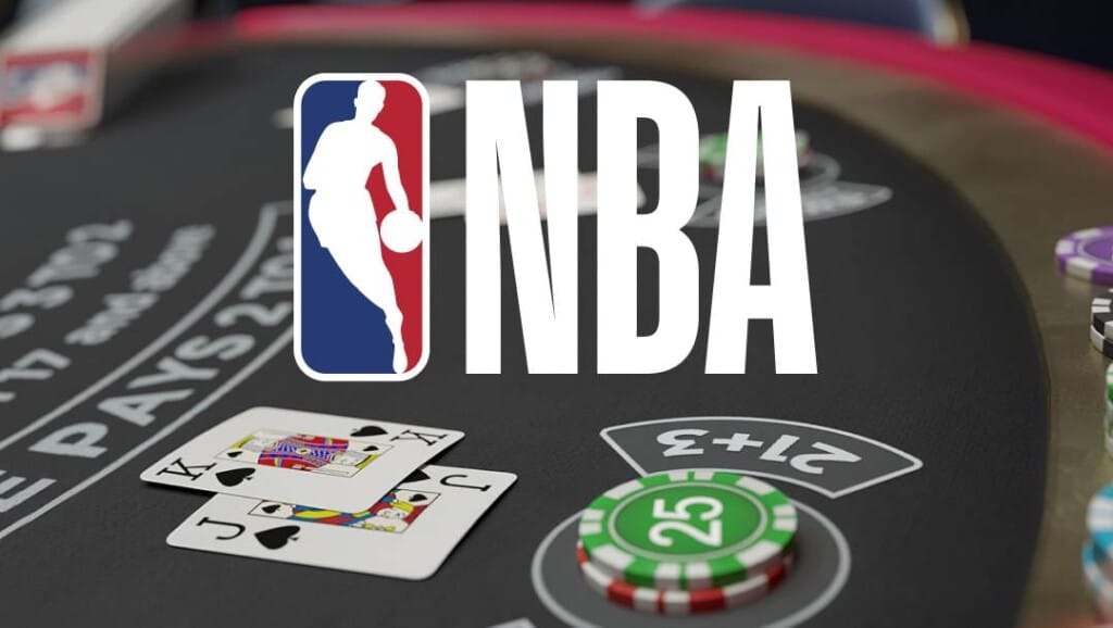 The NBA Blackjack title screen. It features the NBA logo above a blackjack table with a single 21+3 wager and a blackjack hand worth a total of 20.
