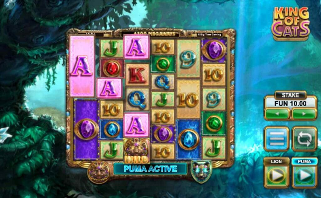 King of Cats online slot game screen in Puma mode.