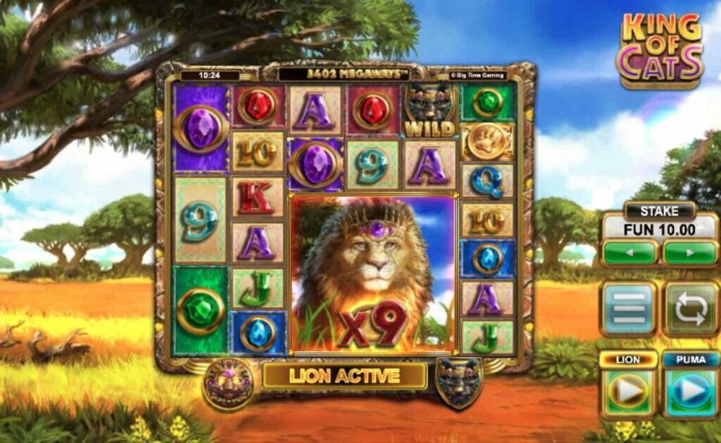 King of Cats online slot game screen lion mode.