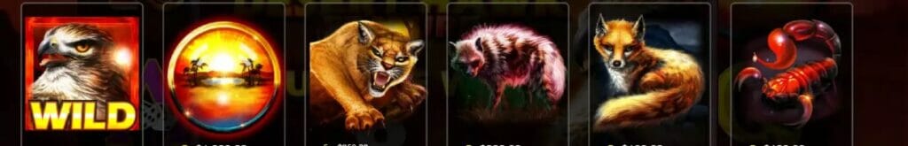 Desert Hawk game symbols include a hawk, oasis, cougar, hyena, fox and scorpion.