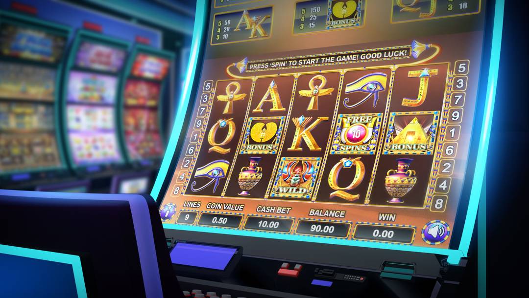 An Egyptian-themed video slot in a casino with other online slots out of focus in the background.