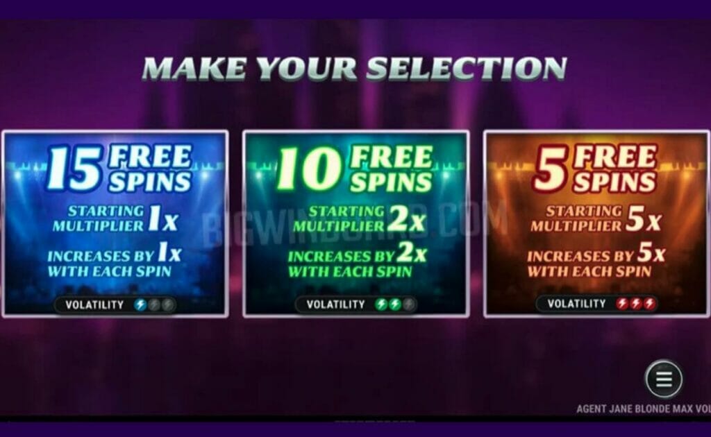 Agent Jane Blonde Max Volume online slot bonus screen.