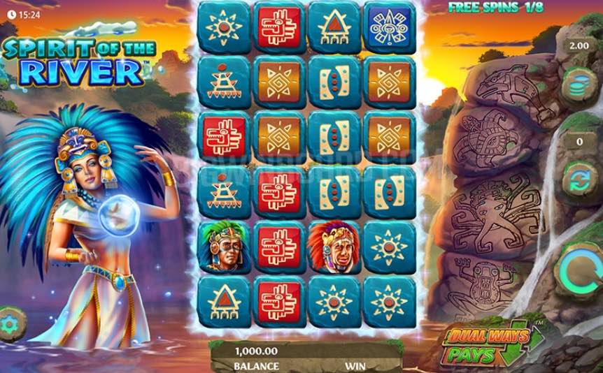 The game screen for Spirit of the River online slot game.