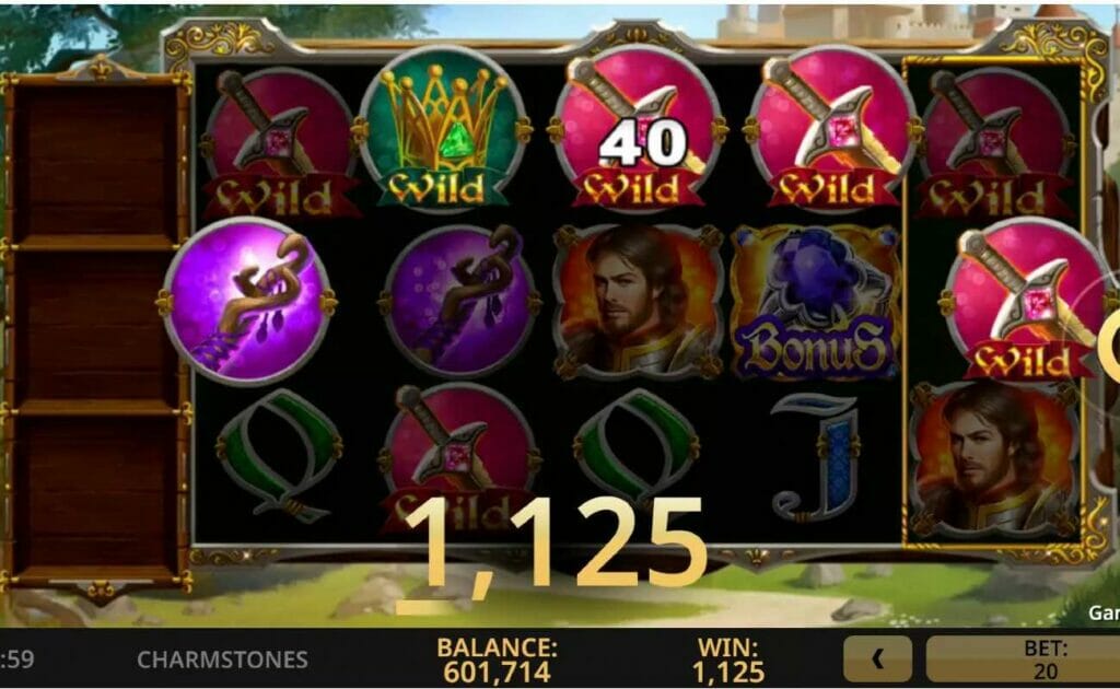 The screen for Charmstones online slots with wilds and other symbols on it.