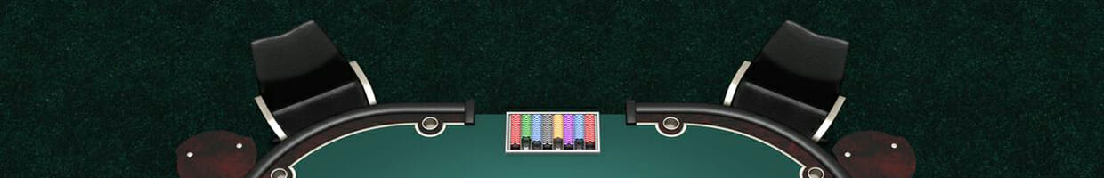 An overhead view of a poker table with empty seats.