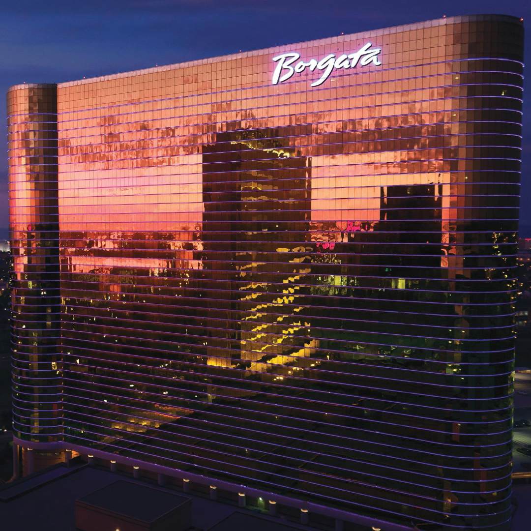 The Borgata Hotel building exterior at dusk.
