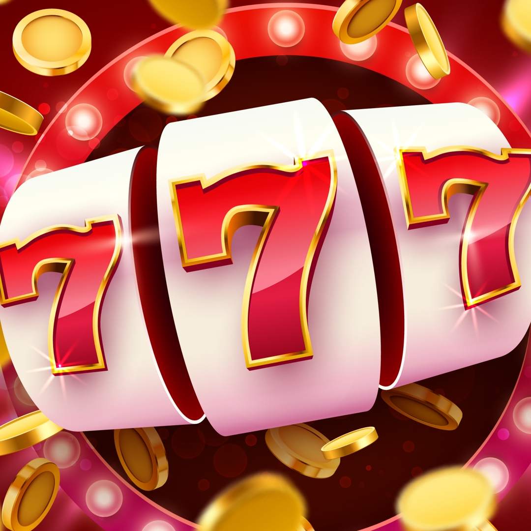 Three red sevens on a slot reel surrounded by gold coins.