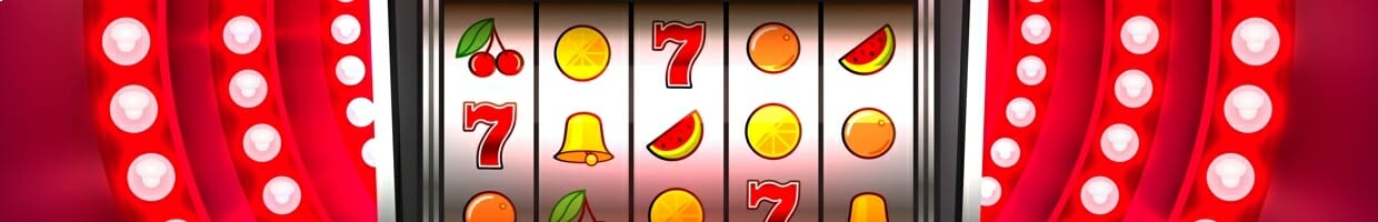An illustration of a slot reel with various fruit symbols, as well as a bell and 7 on it, surrounded by bright red lights.