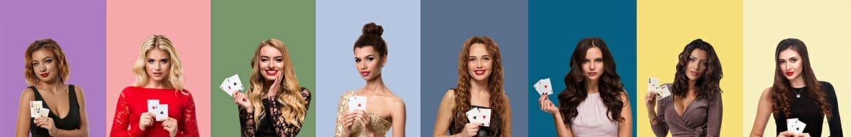 Collage of women holding poker cards.