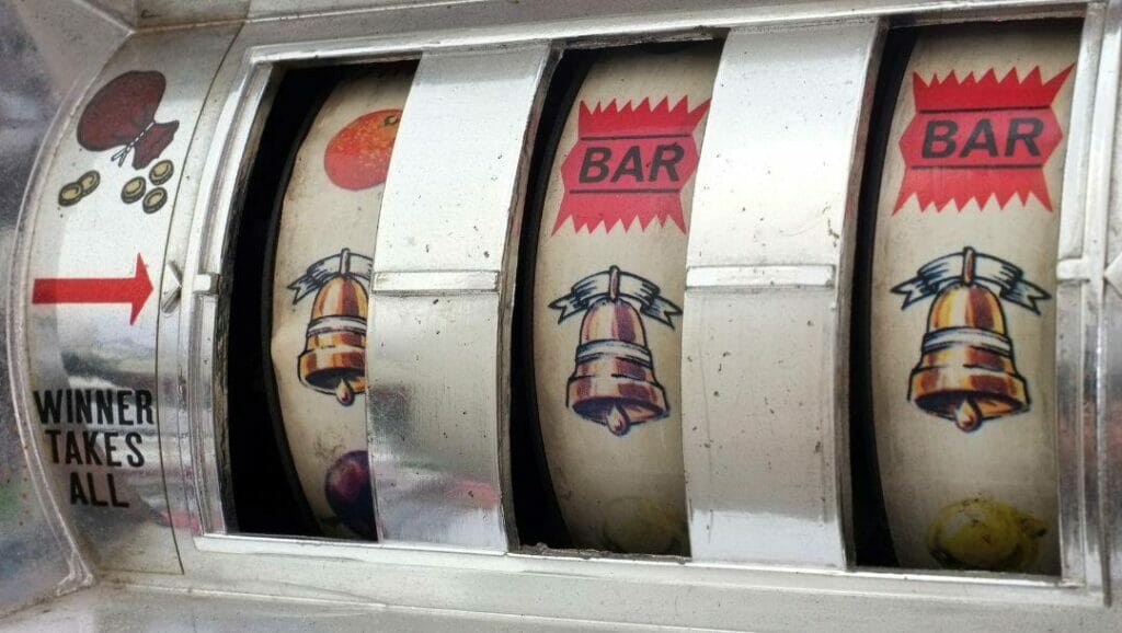 Close-up of vintage slot machine. 