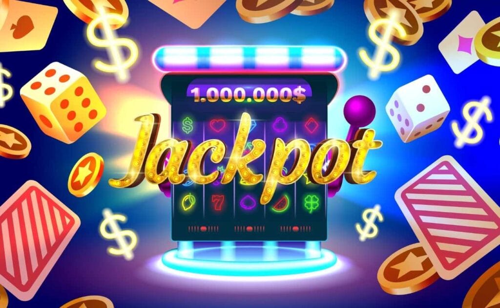 An online slot jackpot concept image featuring a vector slot machine with a $1,000,000 prize displayed at the top, the word “Jackpot” over it, and gold coins, playing cards, dice, and dollar signs surrounding it.