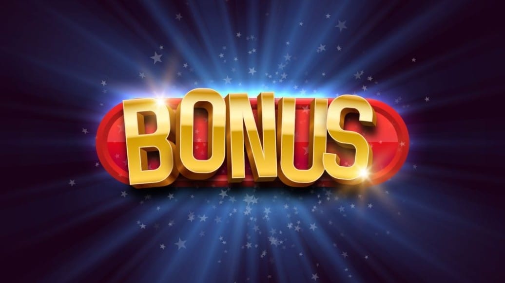 Shiny gold ‘BONUS’ text glowing against a dark blue starry background.
