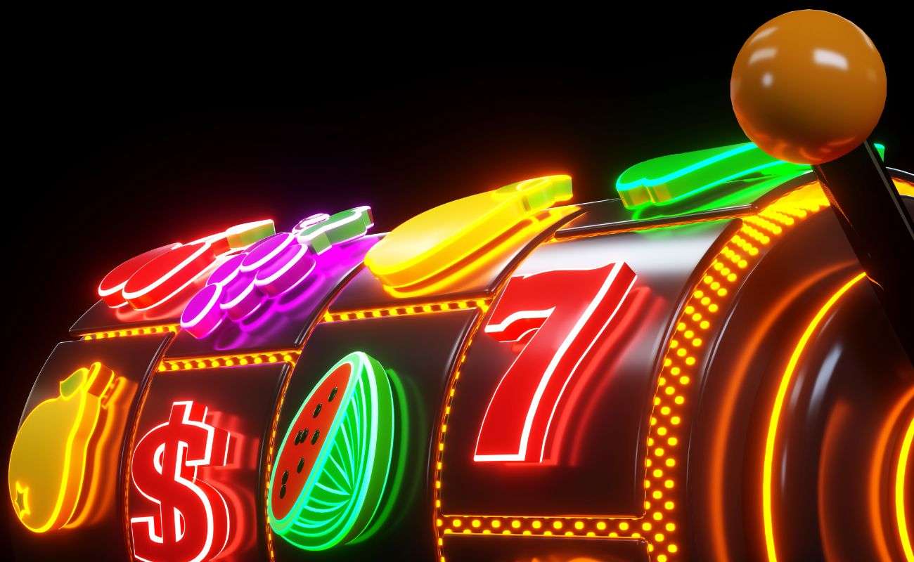 A neon slot reel with classic slot symbols on it.