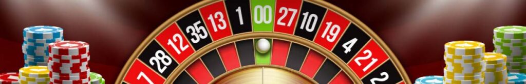 Casino chips next to a digital roulette wheel. 