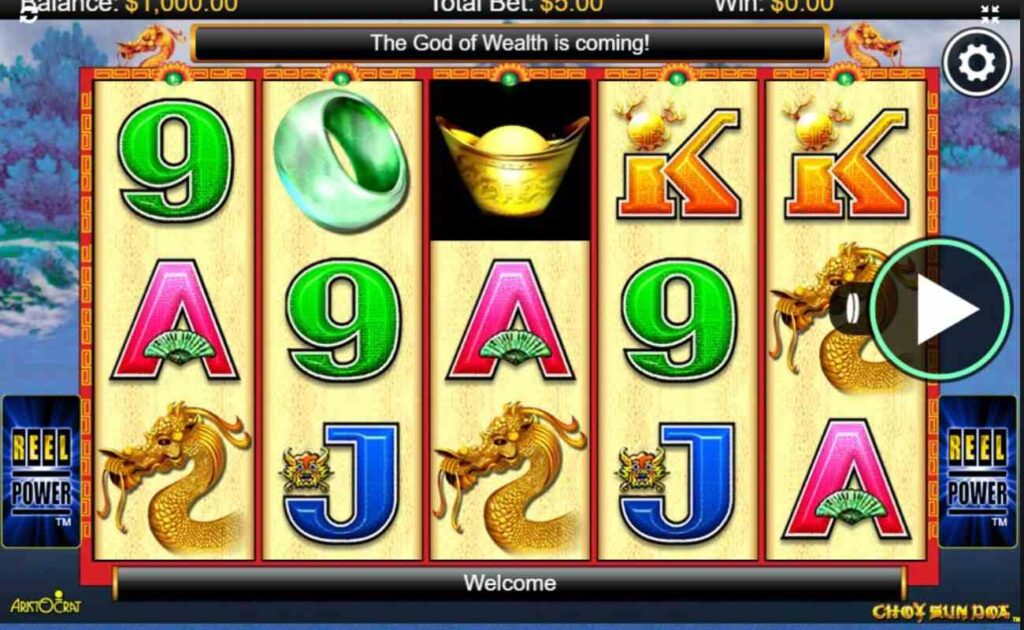 A screenshot of the gameplay on Choy Sun Doa, the online slot game by Aristocrat.