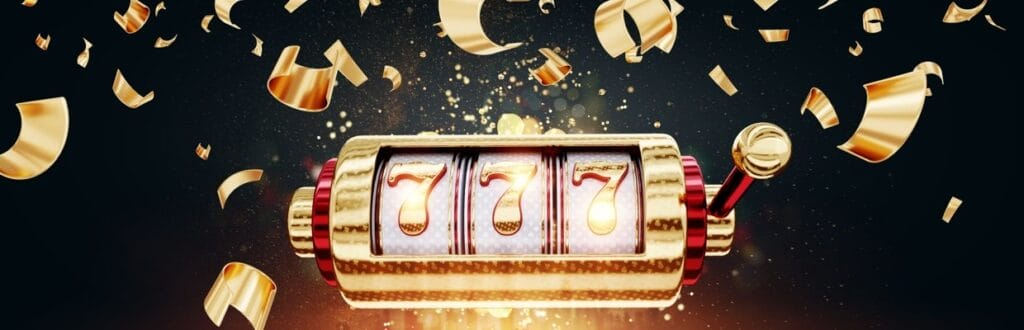A cartoon gold slot machine with a dark background, surrounded by gold confetti