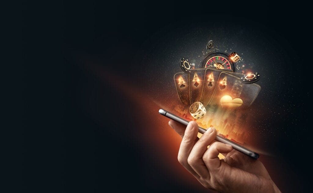 Online casino images are projected from a phone screen