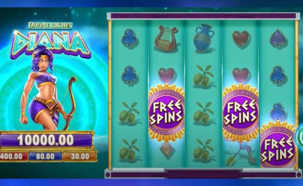 gameplay of the Divine Riches Diana online slot game by Just for the Win