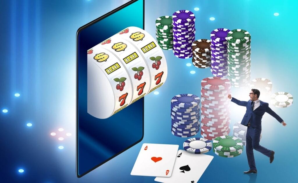 A man celebrates winning on online casino, surrounded by an online slot machine, poker chips, and playing cards