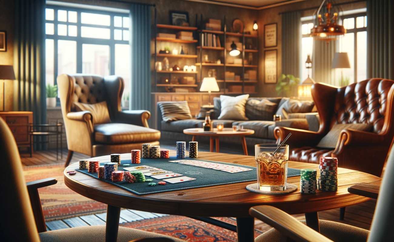 A home poker tournament setting with a timer and trophy.