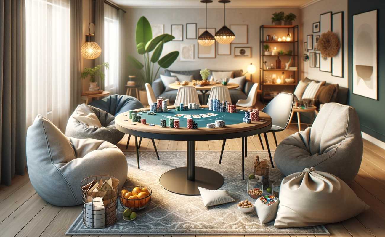 A casual and friendly home poker game environment with comfortable seating and light snacks.