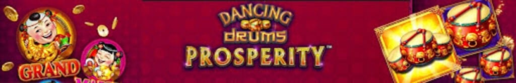 A banner for the Dancing Drums Prosperity slot game featuring the game logo in the center, Fu Baby symbols on the left, and the drum symbols on the right.